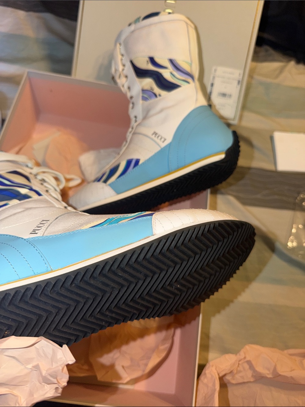 Emilio Pucci White Leather High-Top Sneakers with Blue Accents - Picture 4 of 6